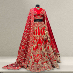 Amrapali - Figure Pattern Handwork Raw Silk Royal Red Bridal Lehenga