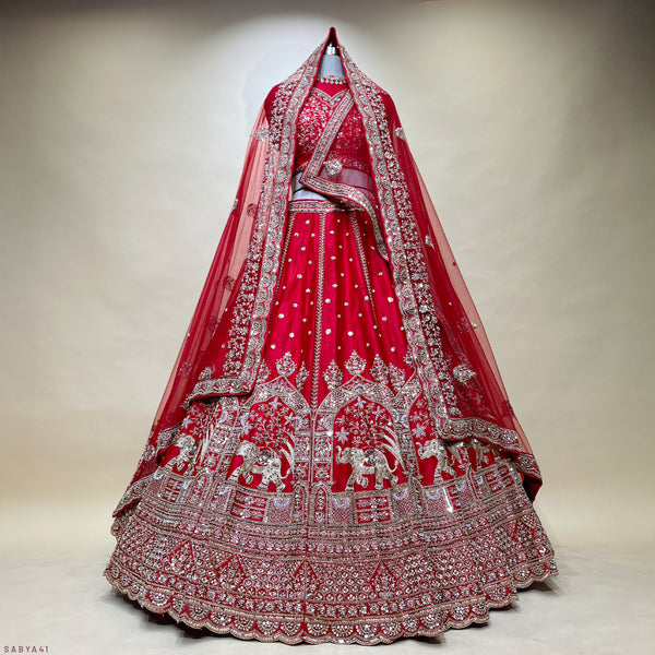 Sangria : Cutdana Pearls Handwork Royal Red Bridal Lehenga