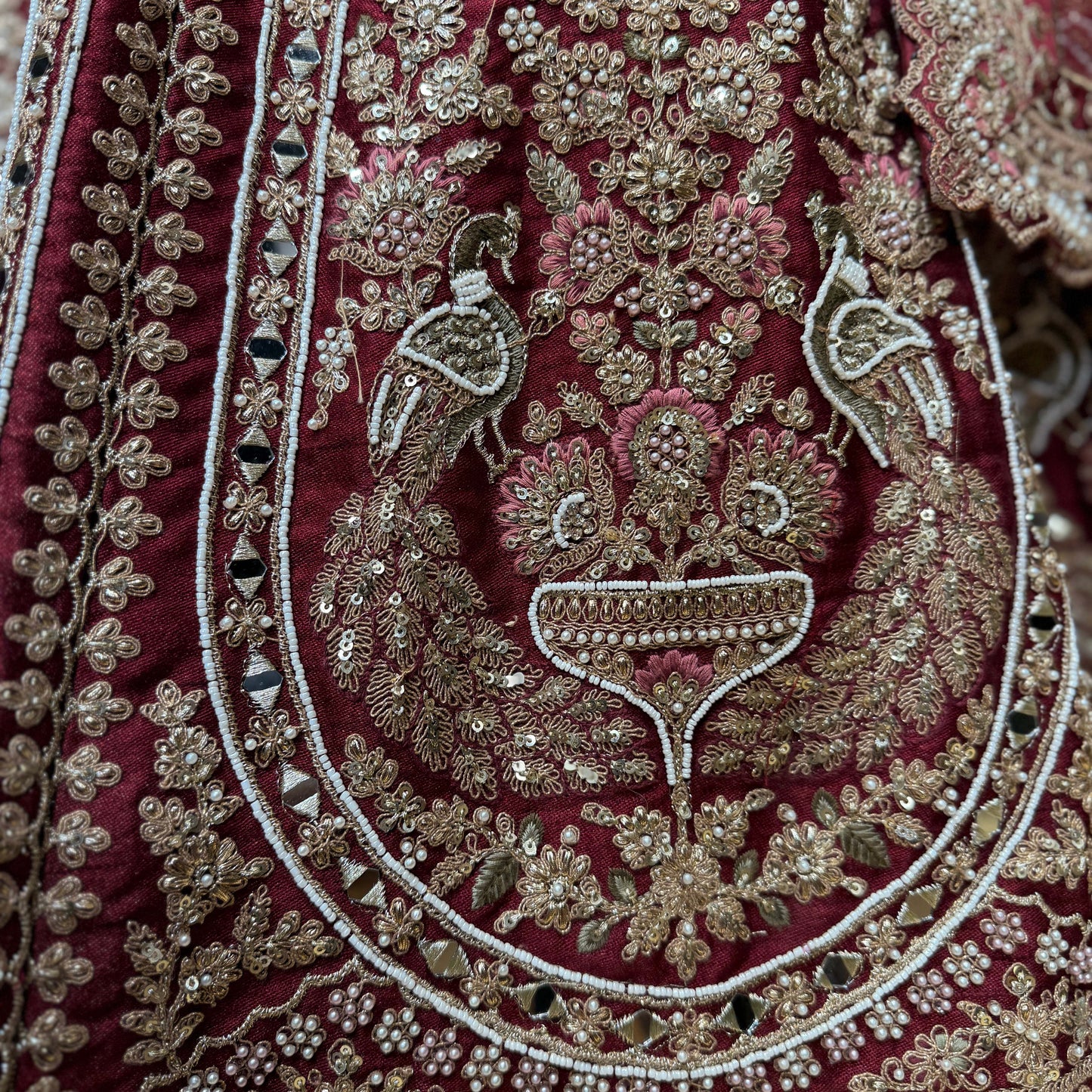 Rajgharana : Double Dupatta Maroon Handwork Wedding Lehenga