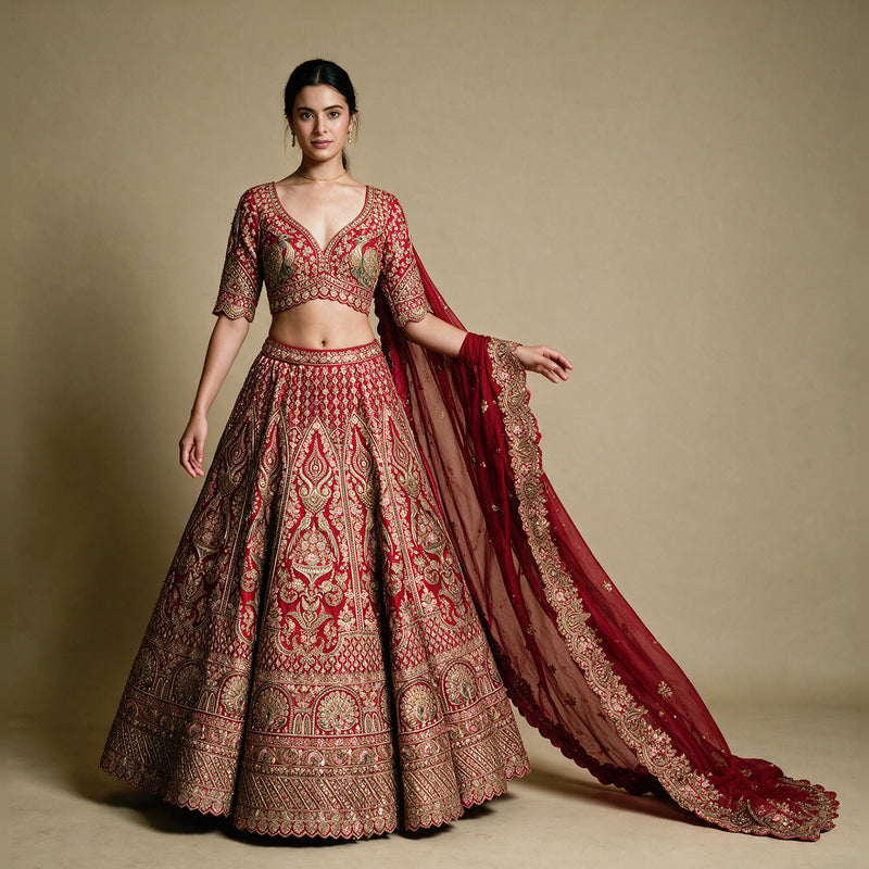 Royal Baggi - Red Raw Silk Bridal Lehenga with Zari & Stone Work, Heavy Cutwork Organza Dupatta & Net Dupatta