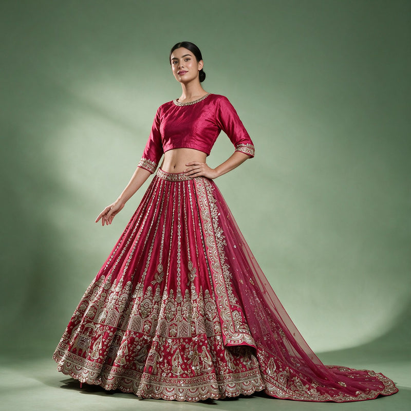 Amrapali - Rani Pink Raw Silk Elephant Procession Bridal Lehenga with Double Net Dupatta