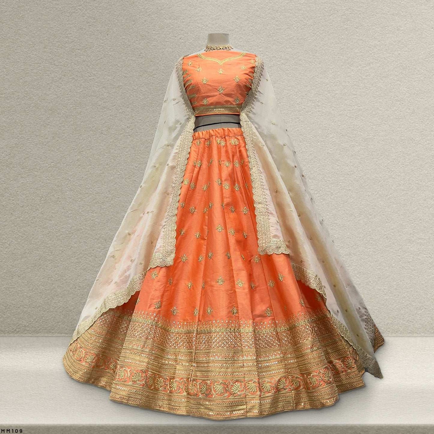 Royal Baggi - Raw Silk 20 Kali Flared Minimal Designer Lehenga - Peach Sorbet