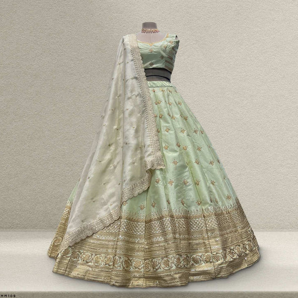 Royal Baggi - Raw Silk 20 Kali Flared Minimal Designer Lehenga - Pistachio Cream