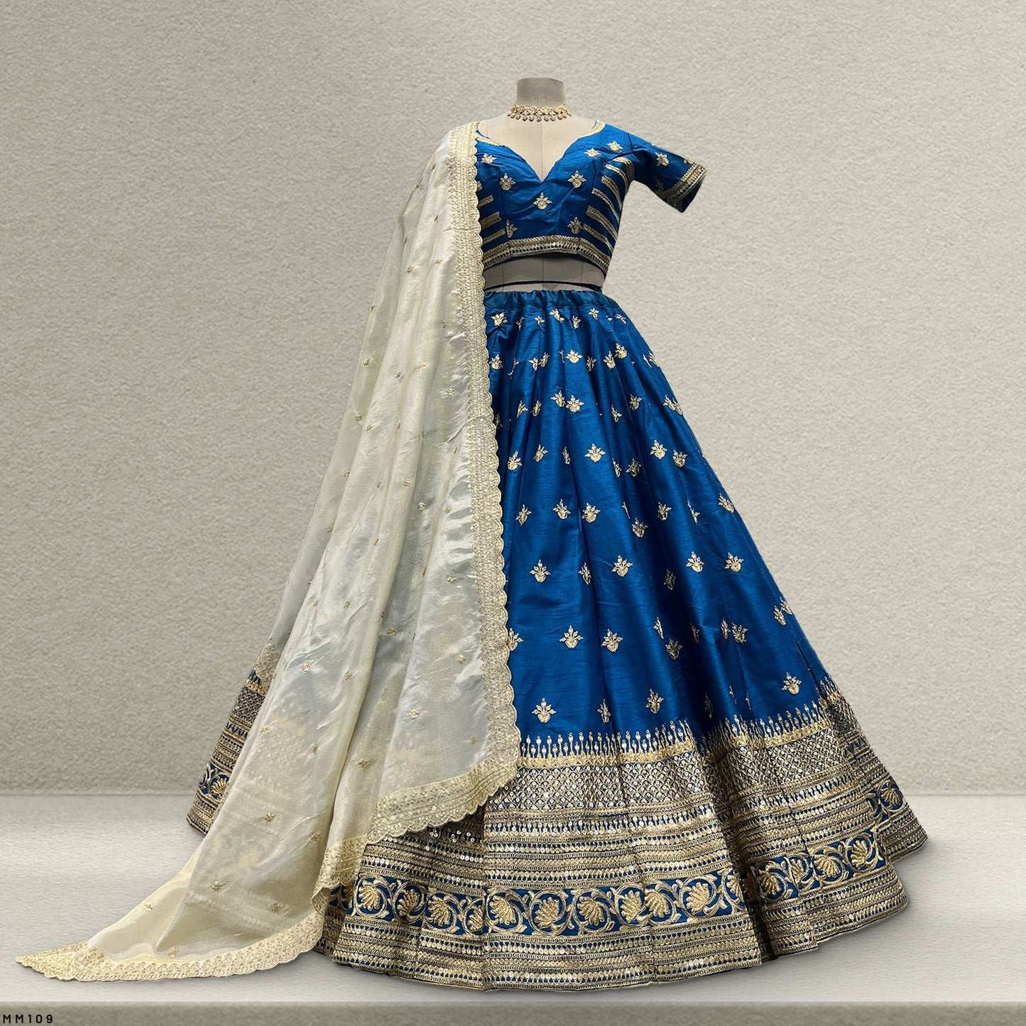 Royal Baggi - Raw Silk 20 Kali Flared Minimal Designer Lehenga - Royal Azure