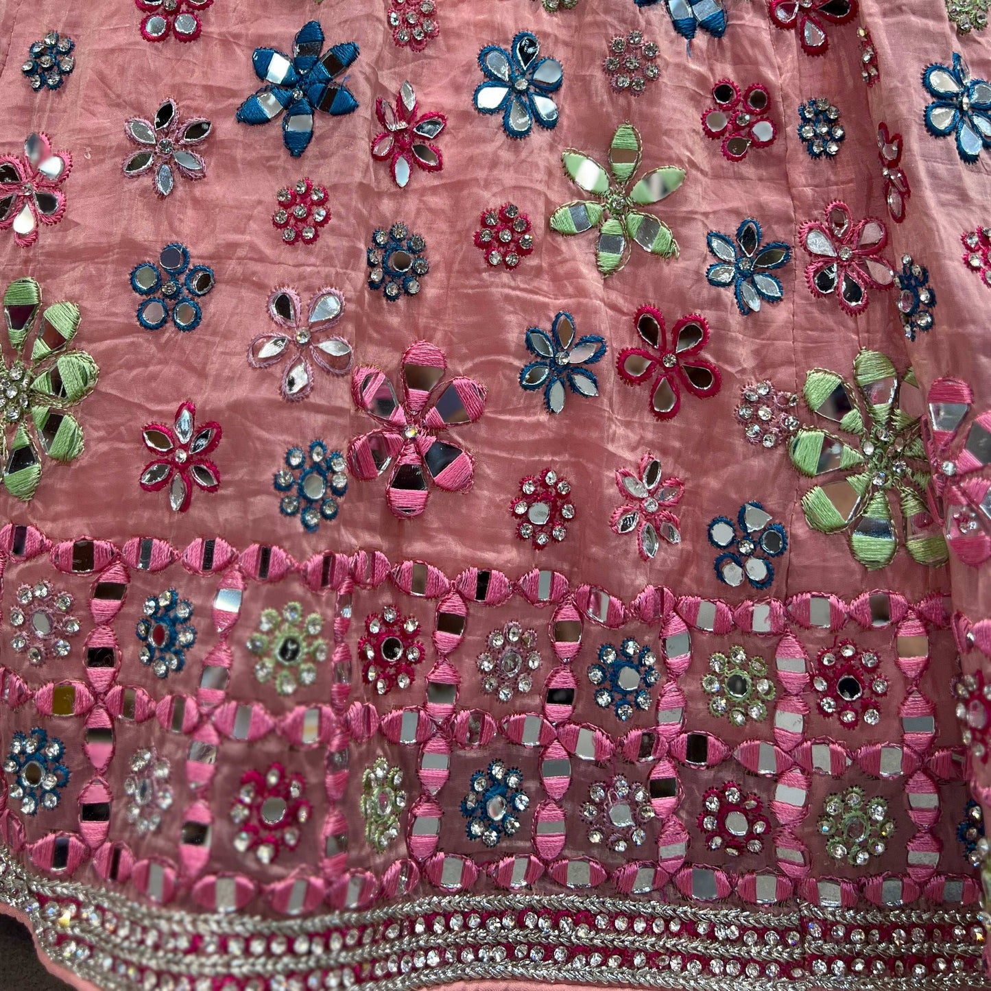 Damsel - Crystal Organza Multicolor Mirror Handwork Lehenga Soft Pink