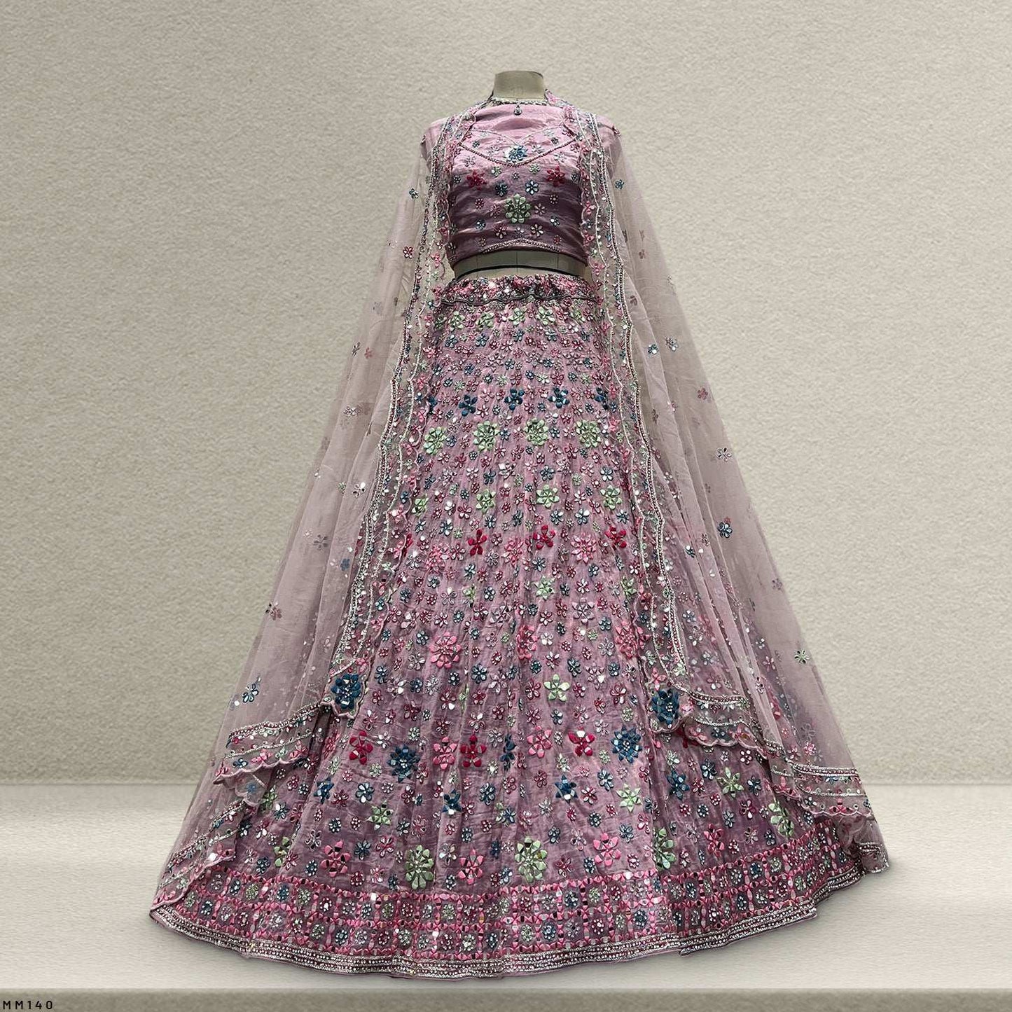 Damsel - Crystal Organza Multicolor Mirror Handwork Lehenga Lilac