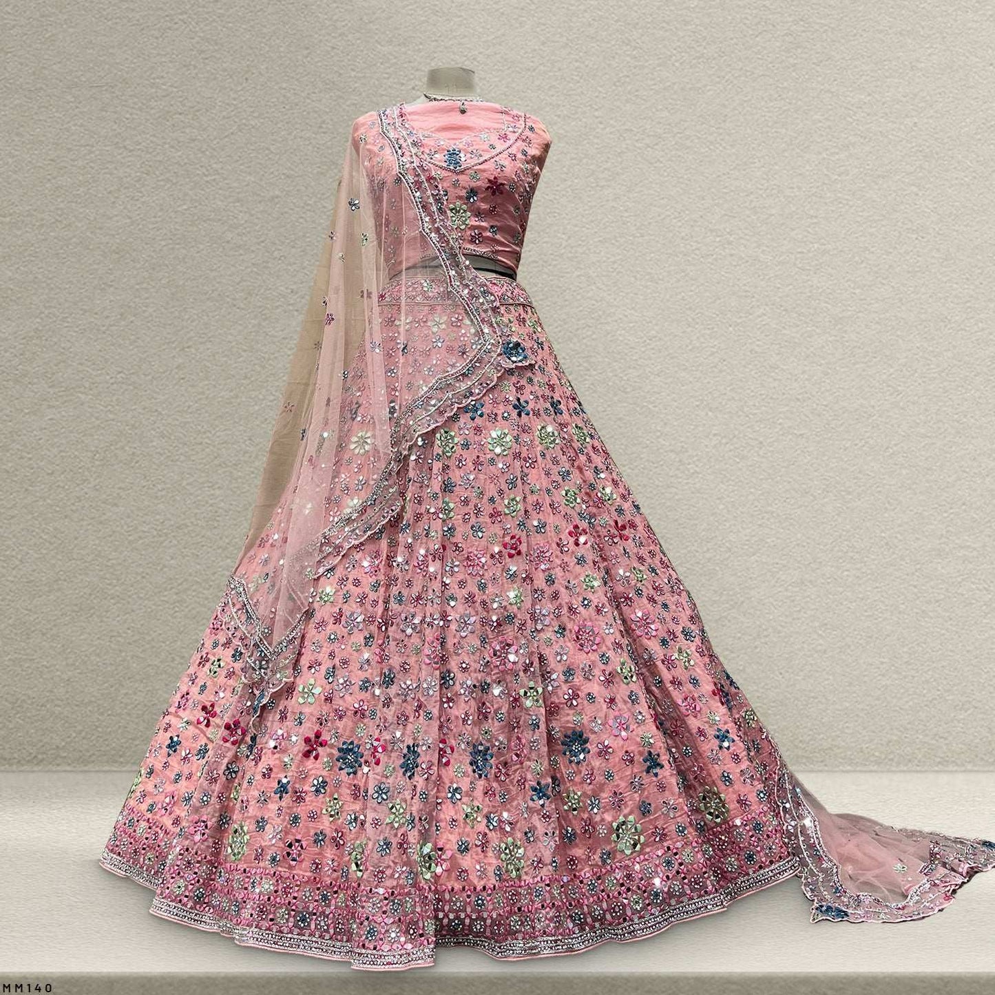 Damsel - Crystal Organza Multicolor Mirror Handwork Lehenga Soft Pink