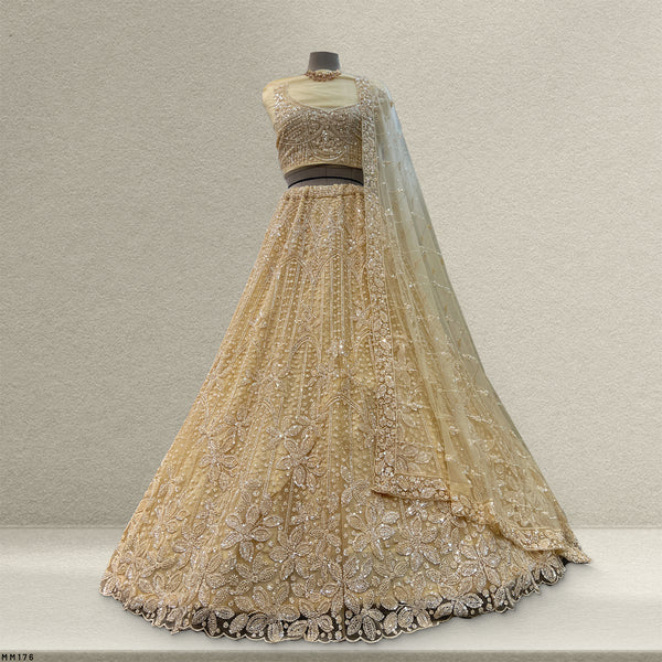 Jazzagals - Beads & Pearls Handwork Ivory Reception Lehenga
