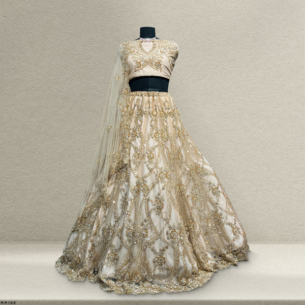 Jazzagals - Golden Beads Cutdana Handwork Peachish Fish Lehenga