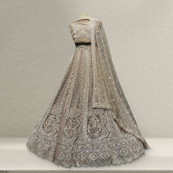 Jazzagals - Beads & Pearls Handwork Ash Brown Reception Lehenga