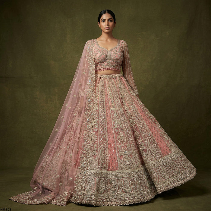 Cherry Blossom - Dusty Rose Net Zari & Stone Paisley Lehenga