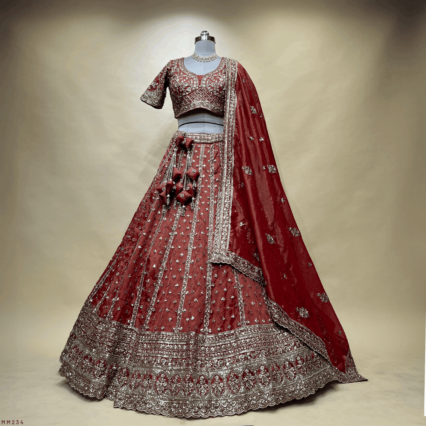 Damsel - Tissue Silk Handwork Rust Orange Designer Lehenga