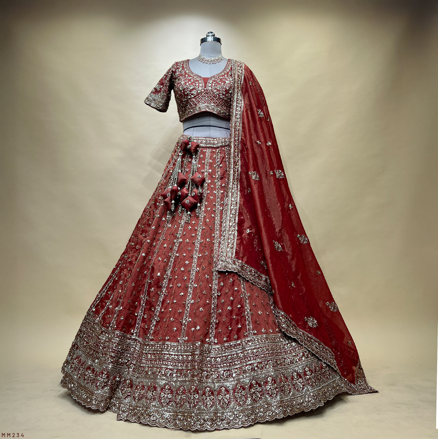 Damsel - Tissue Silk Handwork Rust Orange Designer Lehenga