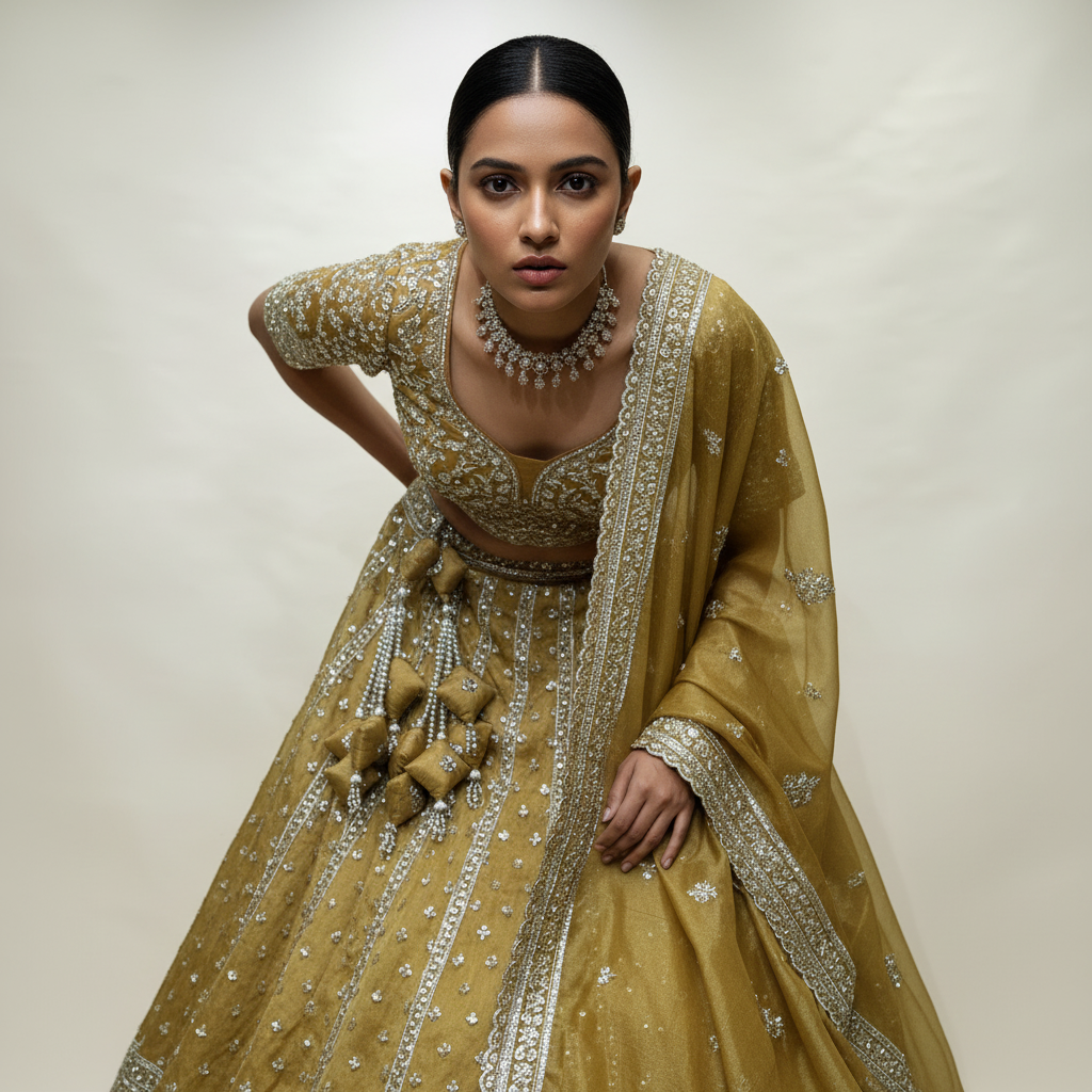 Damsel - Tissue Silk Handwork Somber Yellow Designer Lehenga