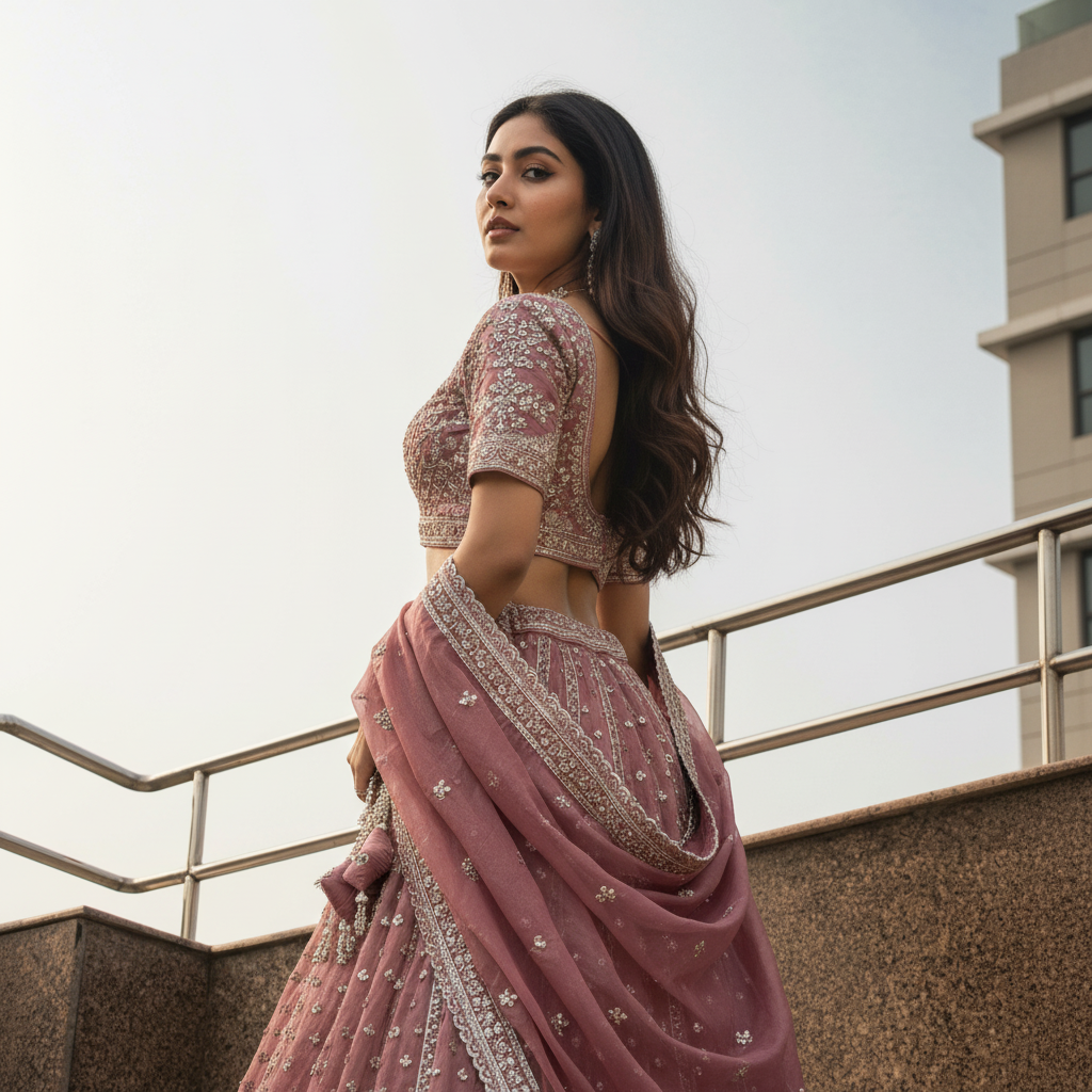 Damsel - Tissue Silk Handwork Soft Mauve Designer Lehenga
