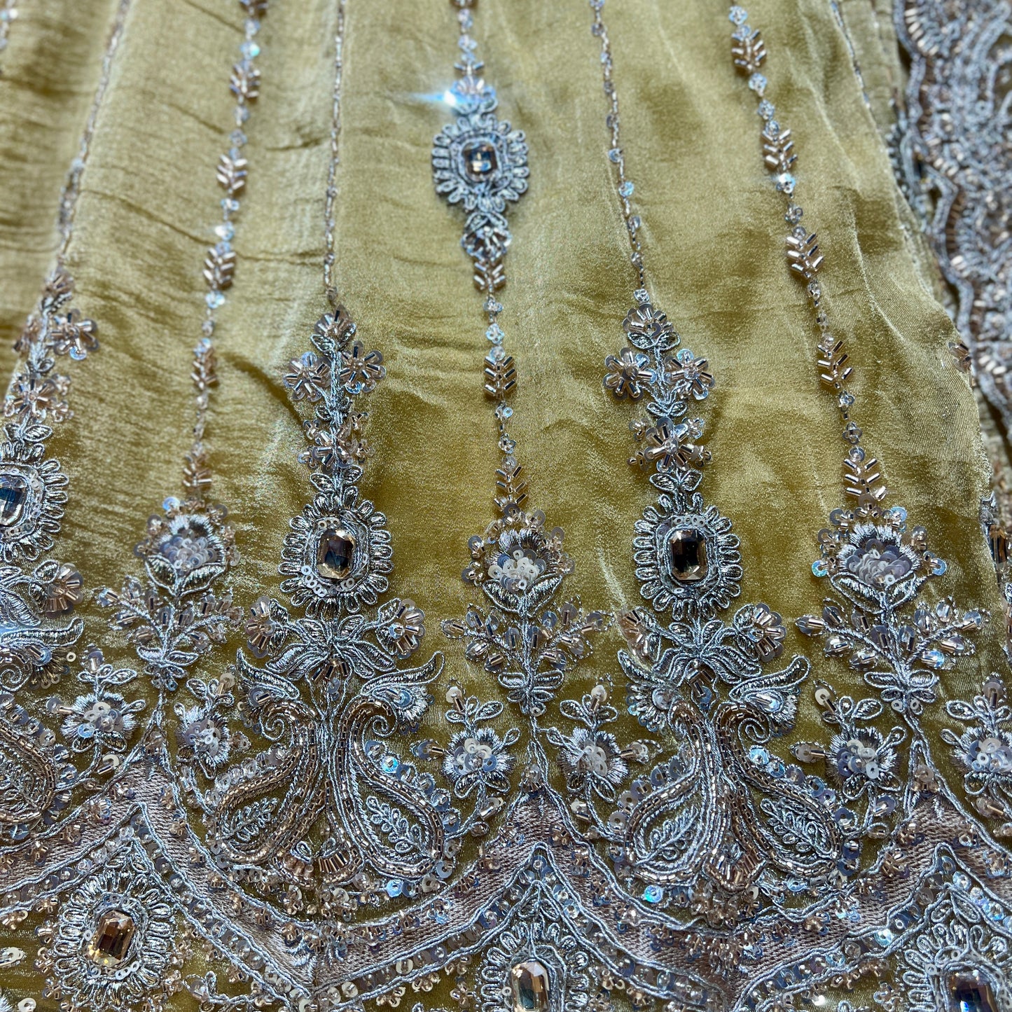 Damsel - Topaz Stone Setting Tissue Handwork Lehenga - Somber Yellow