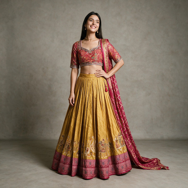Varnali - Mustard Banarasi Silk Procession Print Lehenga, Ready to Wear with Handwork Blouse