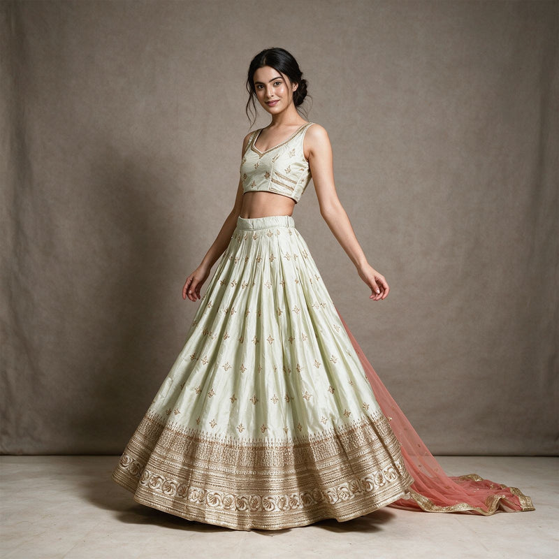 Butterfly - Pista Green Raw Silk Gold Butti Bridesmaid, Haldi & Mehendi Lehenga, Ready to Wear with Net Dupatta