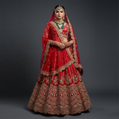 Dulhan in Handwork Lehenga : Raw Silk Royal Red Bridal Lehenga