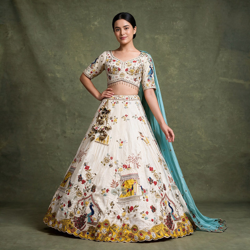 Damsel - Ivory Multicolour Crape Silk Moti & Cutdana Handwork Lehenga