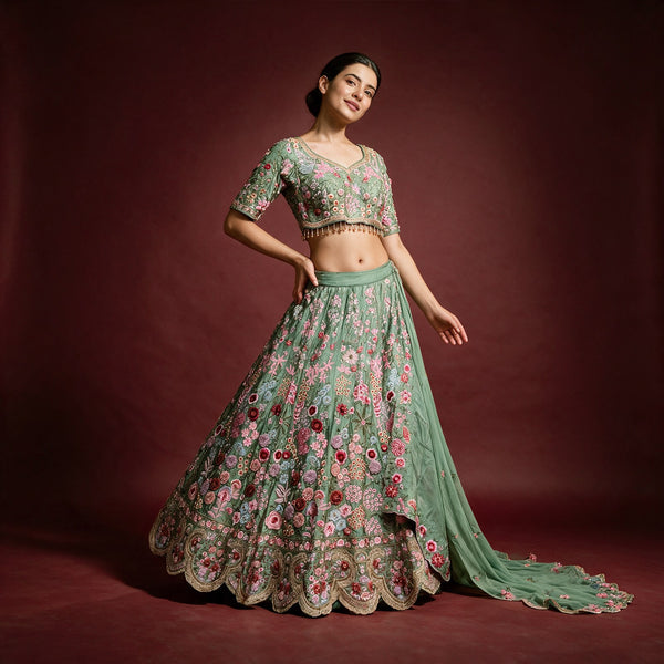 Phulkari - Sage Green Crape Silk Multicolour Rose Handwork Lehenga, Ready to Wear with Silk Dupatta