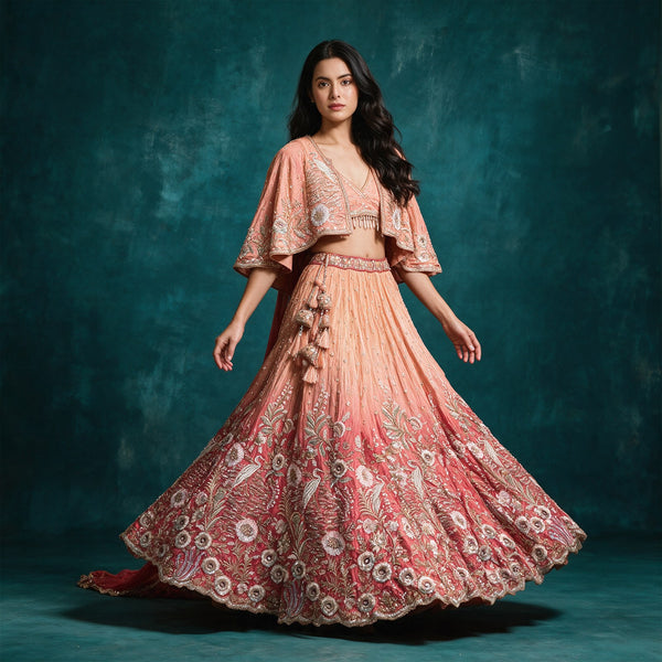 Damsel - Peach Coral Ombre Tissue Silk Crane Embroidered Ready to Wear Lehenga with Poncho Jacket & Tissue Silk Dupatta