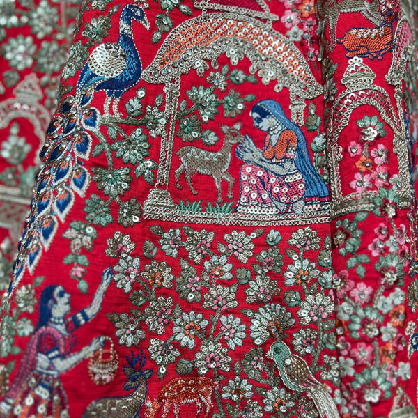 Amrapali - Flowers & Peacock Multi Work Royal Red Bridal Lehenga