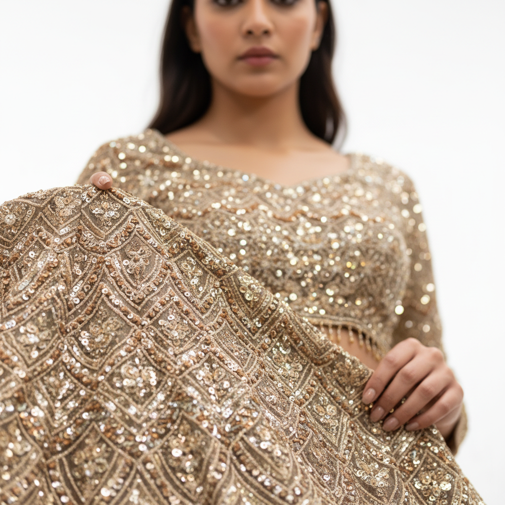 Celestial Collection: Ready-to-Wear Golden Reception and Sangeet Lehengas