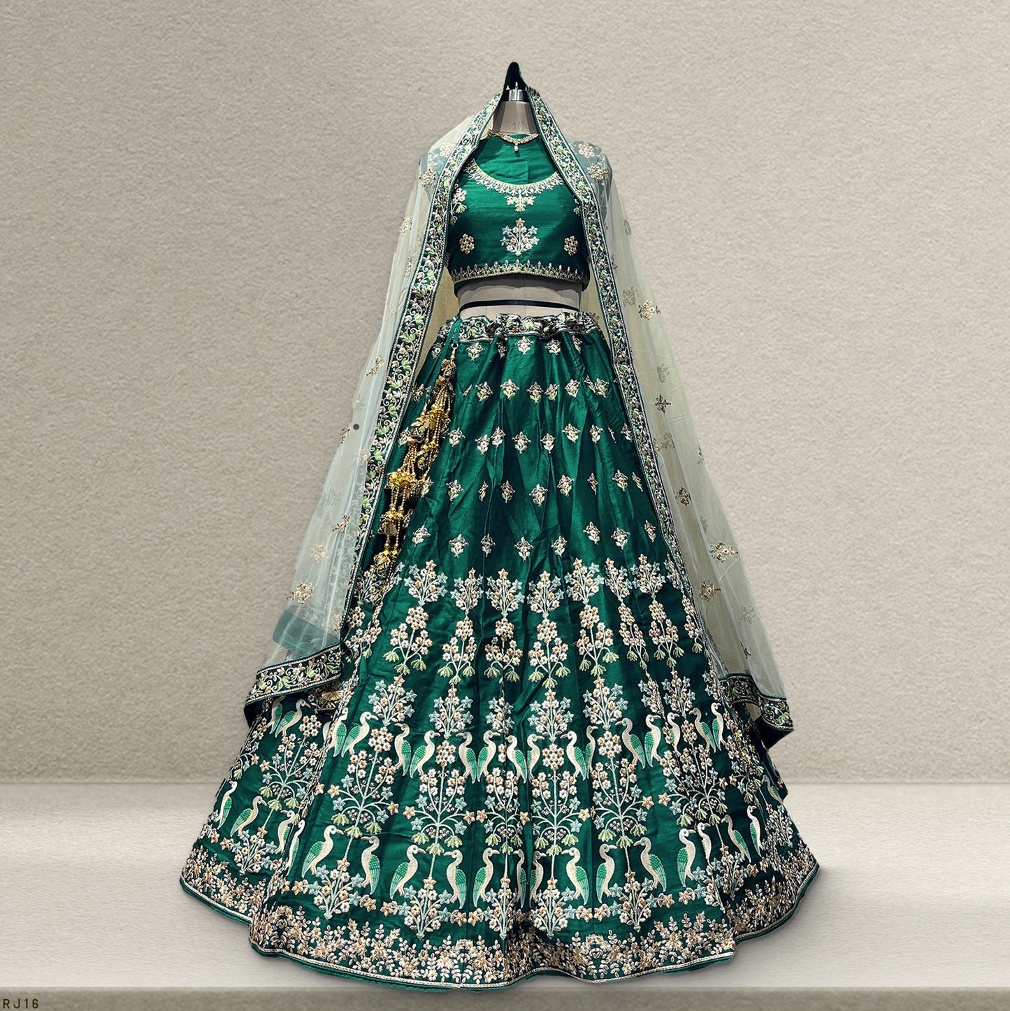 Damsel - Deep Green Threadwork Raw Silk Lehenga JMS Studio {{ Royal Red Bridal Lehenga}}