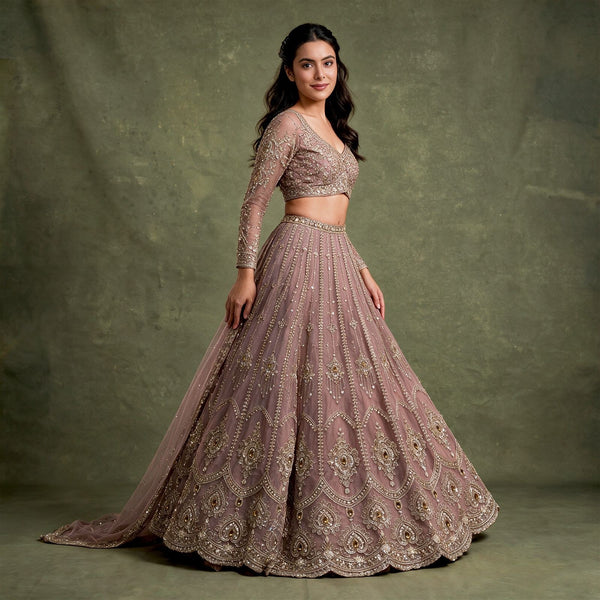 Cherry Blossom - Mauve Lilac Net Beads & Stone Work Ready to Wear Lehenga with Full Sleeve Blouse for Engagement & Sangeet