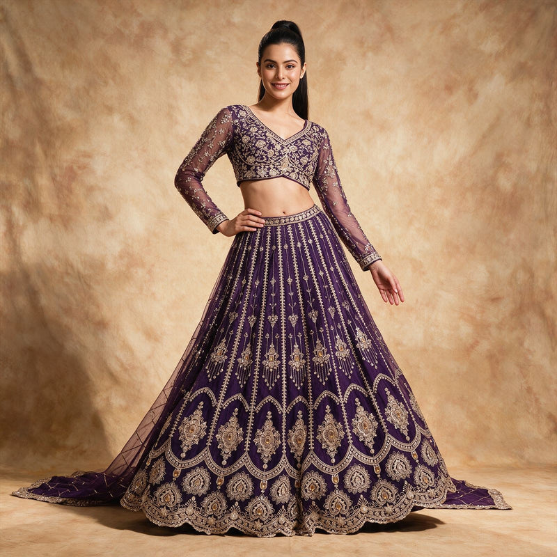 Cherry Blossom - Purple Net Beads & Stone Work Ready to Wear Lehenga with Full Sleeve Blouse for Engagement & Sangeet