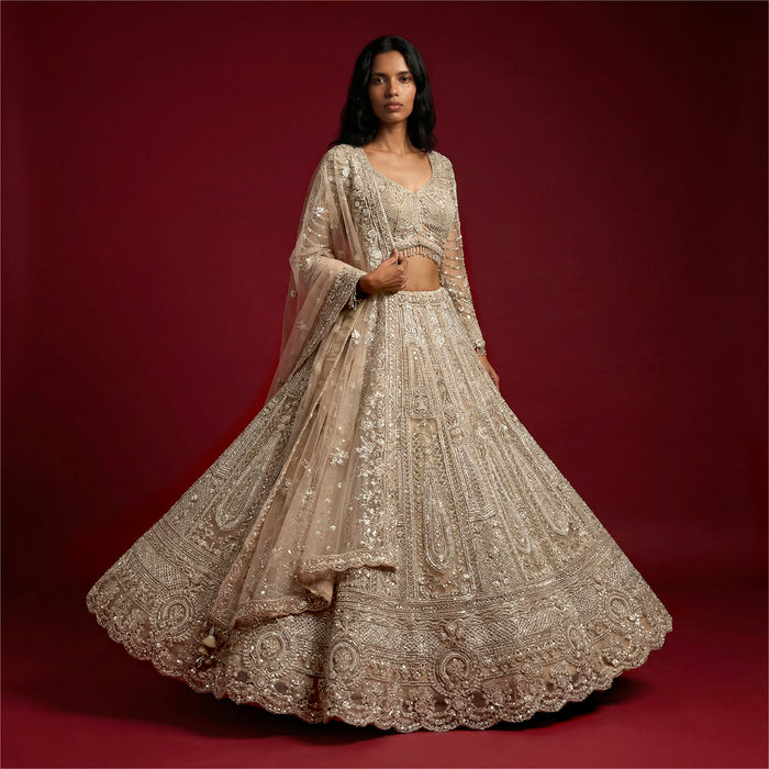 Cutdana Beads Handwork Ivory Reception Wear Designer Lehenga