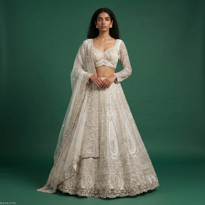 Cutdana Beads Handwork Pearl White Reception Wear Designer Lehenga