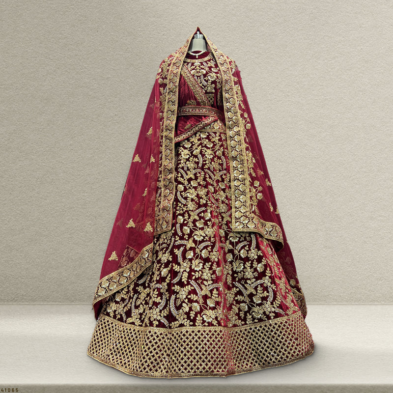 Pagfera - Double Dupatta Maroon & Gold Bridal Lehenga JMS Studio {{ Royal Red Bridal Lehenga}}