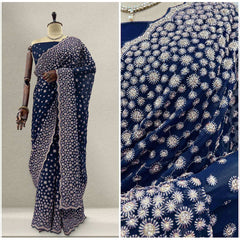 JMS_Studio Designer Heavy Work Georgette Partywear Saree Blue