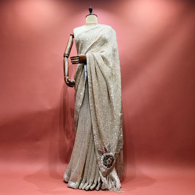 Champagne Net Saree with Sequin and Cut Dana Work