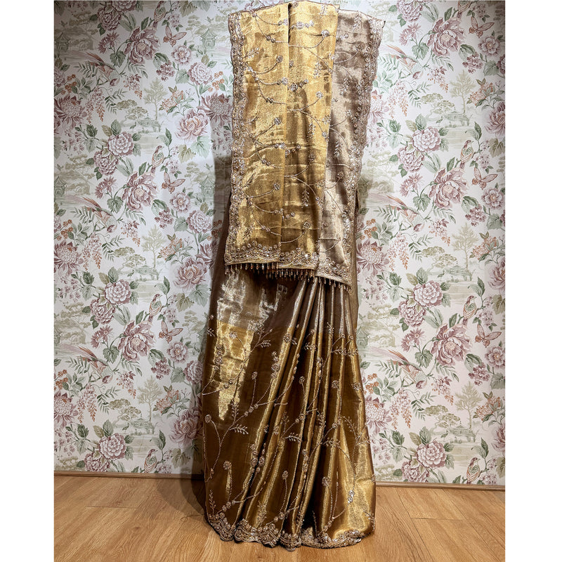 Old Gold Viscose Silk Saree with Cut Dana Work