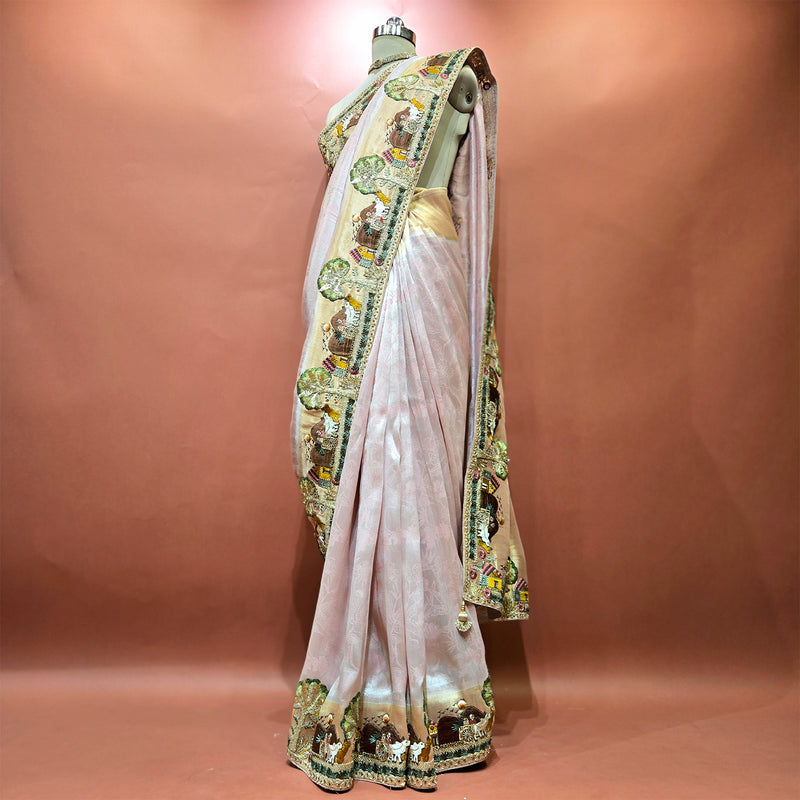 Blush Pink Viscose Silk Saree with Figurative Thread Work Border