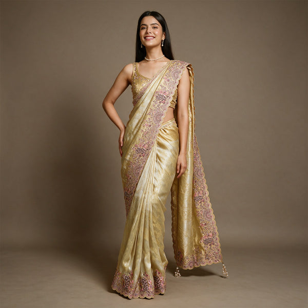Gold Kanjivaram Saree with Resham, Zari and Stone Work Border, Mother of the Bride Saree with Unstitched Raw Silk Blouse