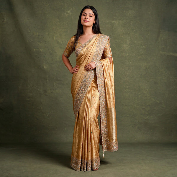 Gold Viscose Silk Saree with Handwork Border, Party Wear with Ready Handwork Blouse Size 38