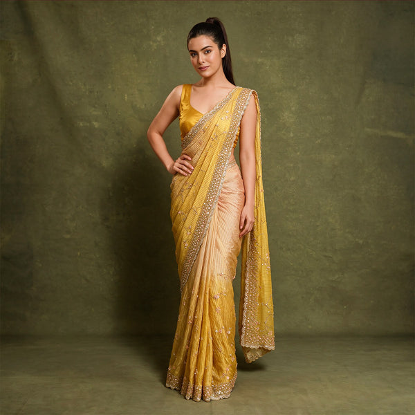 Yellow Ombre Viscose Organza Saree with Handwork Border and All Over Jaal Work, Unstitched Heavy Silk Blouse