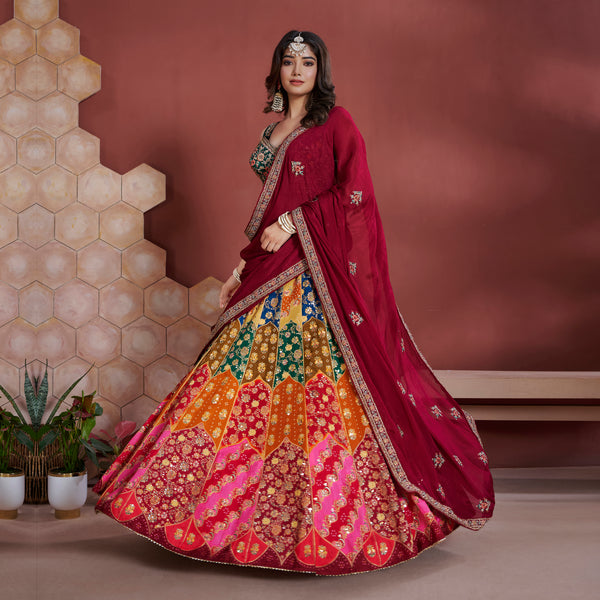 Gulaal - Ready-to-Wear Multi Color Silk Lehenga Choli JMS Studio {{ Royal Red Bridal Lehenga}}