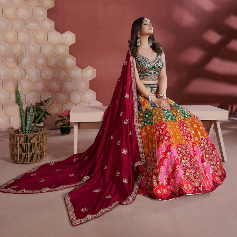 Gulaal - Ready-to-Wear Multi Color Silk Lehenga Choli JMS Studio {{ Royal Red Bridal Lehenga}}