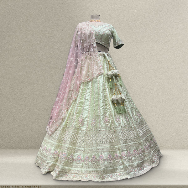 Rosé - Wedding Trousseau in Pastel Hues Pistachio Lehenga - JMS Studio