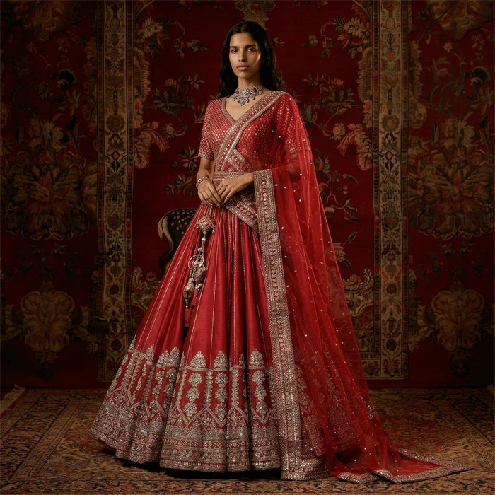 Pure Kalidar - 36-Kali Royal Red Bridal Lehenga with Mandir Arch Border