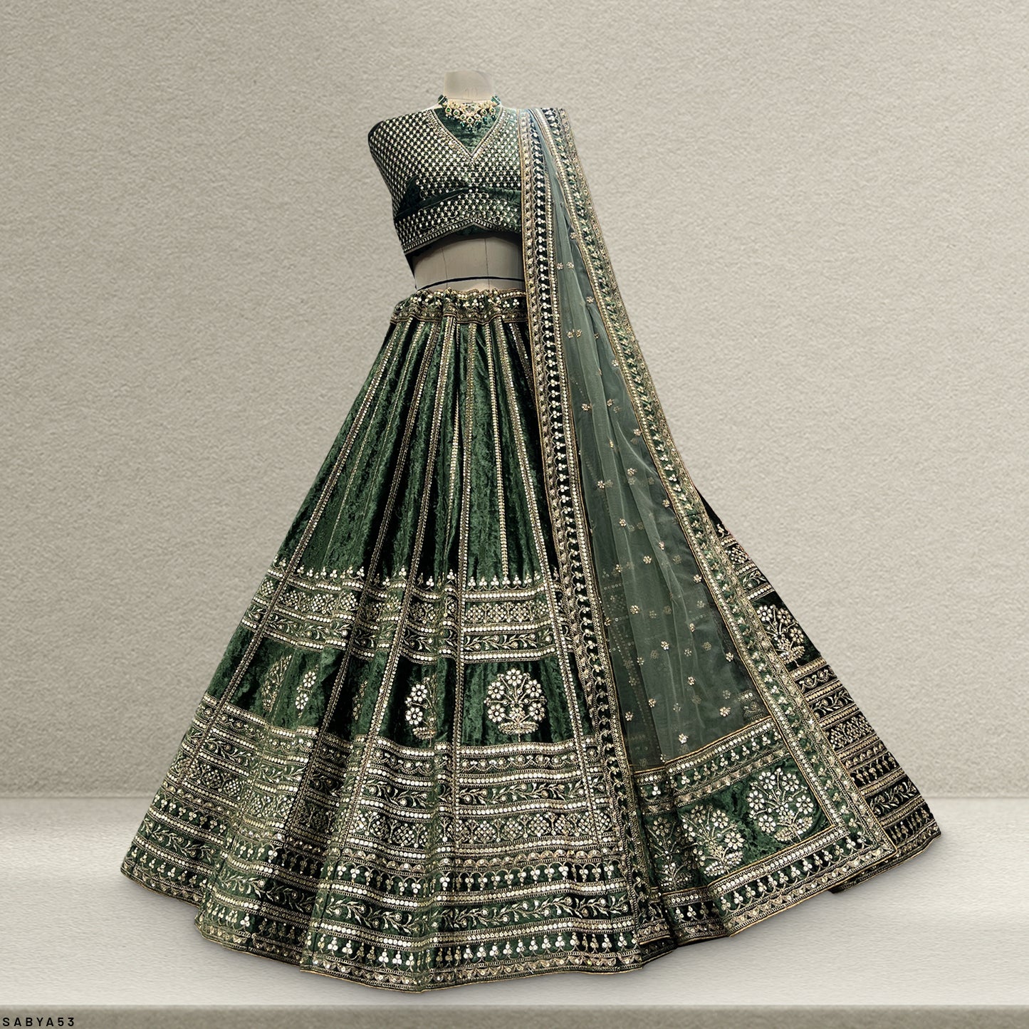 Damsel - 18 Kali Designer Velvet Bollywood Replica Lehenga Bottle Green