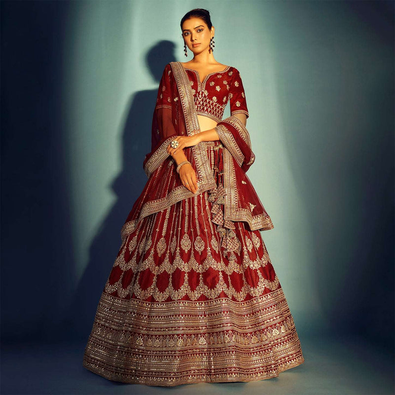 Dulhan in Maroon Lehenga : Celebrity-Inspired Royal Baggi Collection