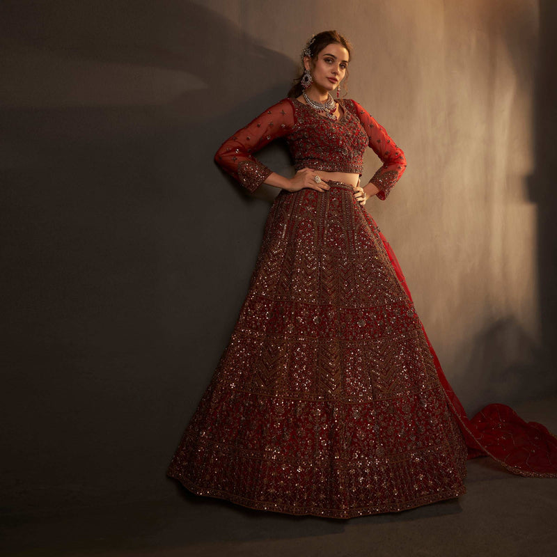 Jazzagals - Beads & Cutdana Handwork Maroon Trending Lehenga