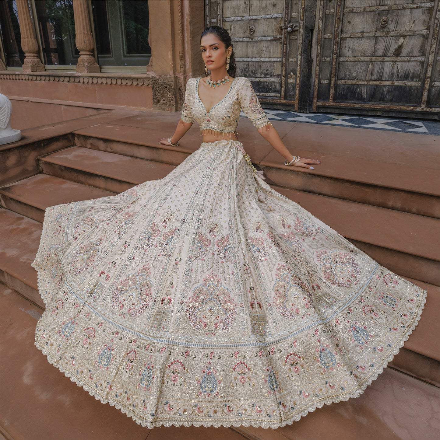 Rosé - Double Dupatta Crape Silk Ivory Bridal Reception Lehenga