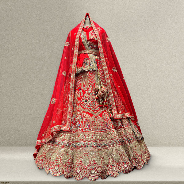 Dulhan in Red Lehenga Elegance: Raw Silk Royal Red Bridal Lehenga JMS Studio {{ Royal Red Bridal Lehenga}}
